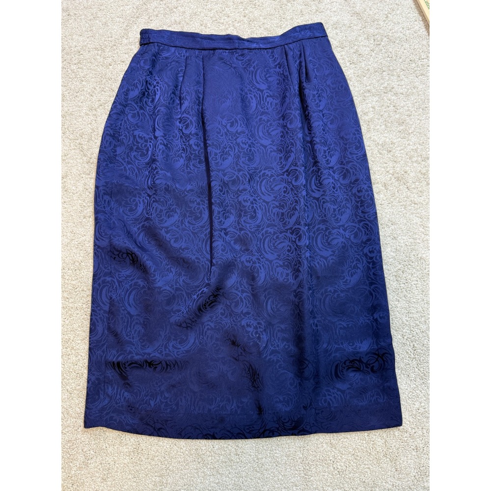 Vintage Royal Blue 100% Silk Damask Jacquard Midi‎ Skirt Size 8 High Waist